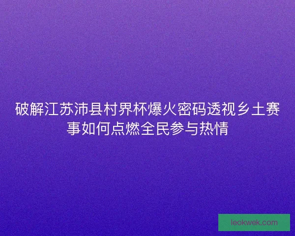 破解江苏沛县村界杯爆火密码透视乡土赛事如何点燃全民参与热情